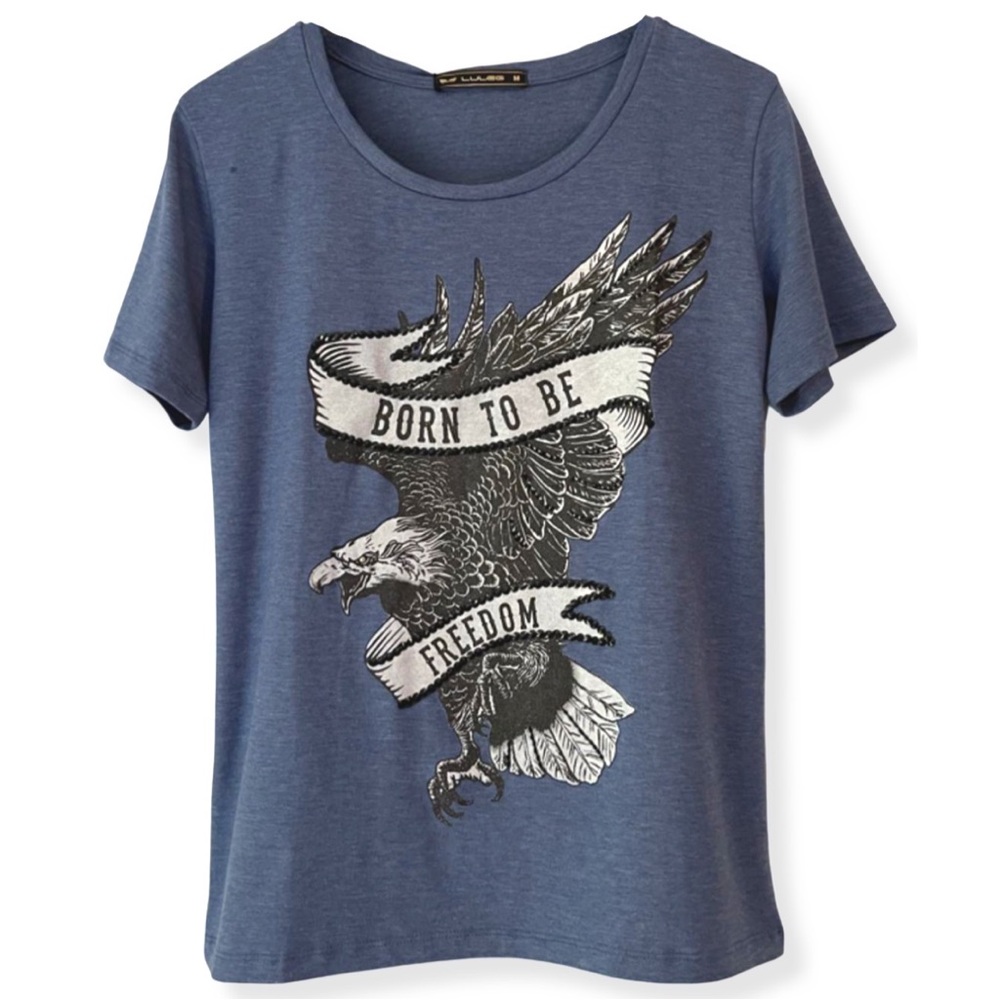 Blue Printed and Embroidered T-Shirt